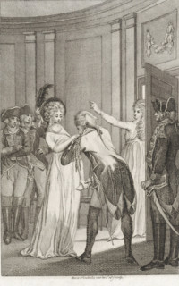Man kisses a woman on her hand while she gives him a letter, print, printmaker: Reinier Vinkeles
