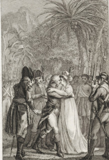 Surrounded by soldiers and Africans, a man and woman embrace each other, print, printmaker: Reinier