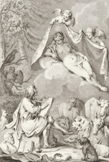 Allegory with the writer Jean de La Fontaine and his muse, print, In a forest, a writer, possibly
