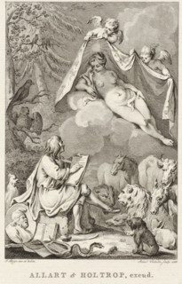 Allegory with the writer Jean de La Fontaine and his muse, print, In a forest, a writer, possibly
