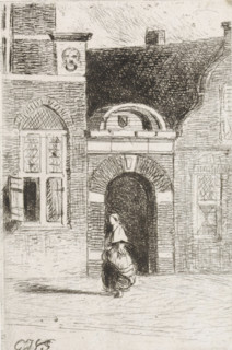 Brick gate in a street, print, View of a brick gate between houses. A folded figure walks in the
