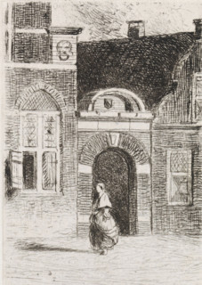 Brick gate in a street, print, View of a brick gate between houses. A folded figure is walking in