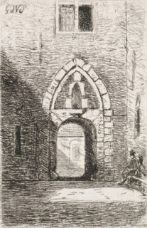 View of a gate, print, View of a gate. On the left a seated figure on a bench., printmaker: