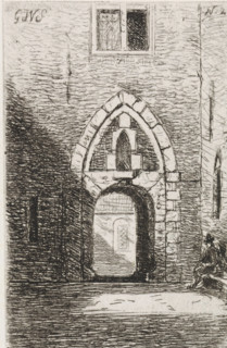 View of a gate, print, View of a gate. On the left, a seated figure on a bench. Top right N.2.,