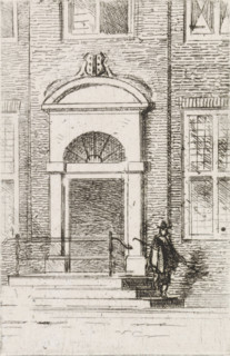 Man on a staircase at the door of a house, print, printmaker: Gijsbertus Johannes Verspuy,