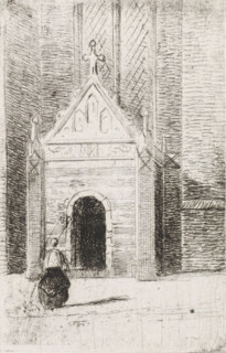 Woman at a church portal, print, printmaker: Gijsbertus Johannes Verspuy, Netherlands, 1833 - 1862,