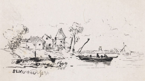 Figures in a sloop near houses on a river, print, printmaker: Salomon Leonardus Verveer, The Hague,
