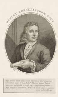 Portrait of Hubert Korneliszoon Poot, print, poet and farmer in Abtswoude. In his hand a roll of