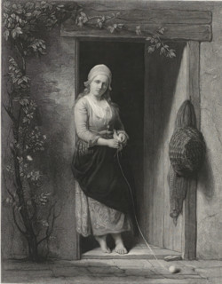 Young woman with knitting, print, A young woman with a headdress stands in a doorway with a