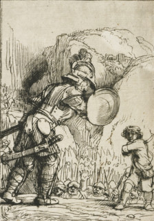 David and Goliath, Four illustrations for a Spanish book, print, signature and date: 'Rembrandt f