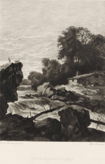 Mountain landscape, Mountain landscape with a river and waterfall, print, book illustration,