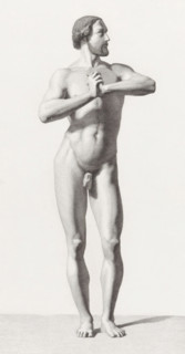 Standing male nude, print, with hands clasped., inscription: 'to the well-known Mr. Büchler, from
