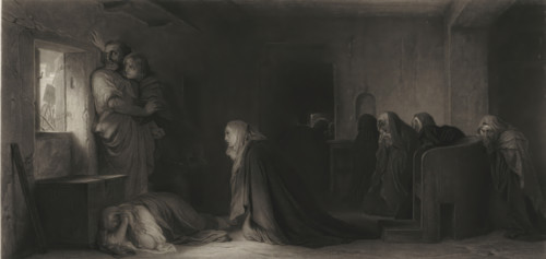 Interior with figures, print, printmaker: Edouard Girardet, after painting by Paul Delaroche,