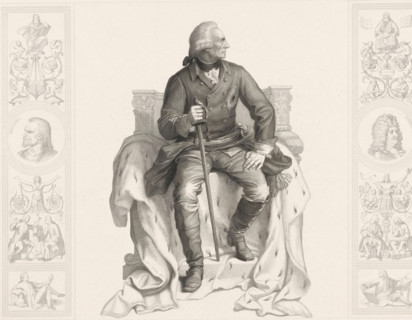 Sitting monarch, print, check stamp: 'DA ...', printmaker: Albert Teichel, Germany, after drawing