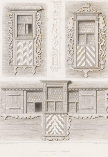 Three views of windows with decorative elements of a house in the canton of Appenzell, Canton
