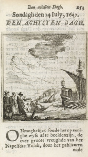 Event on July 14, 1647 during the Neapolitan Uprising, print, book illustration, Ships in a bay on