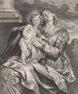 Mary with child, print, album page, Mary looks up to heaven. The Christ Child stands on her lap. In