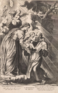 S. Franciscus de Pavla, Mary hands over the Christ Child to H. Francis of Paola, print, album page,