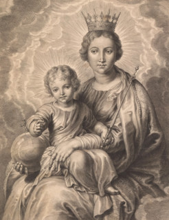 Maria mater dei, regina caeli, Mary with child and globe, print, album page, Mary with crown and