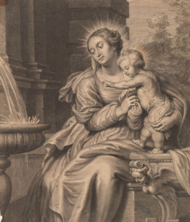 Puteus aquarum viventium, Fonteyn der houen, Mary with child by a fountain, print, album page, Mary