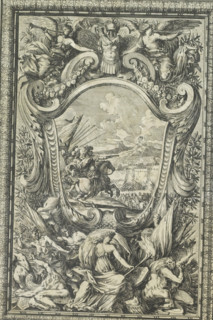 Panel with siege of city in cartouche, Ornemens de Paneaux, print, album page, ornamental print,