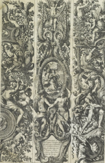 Three vertical panels with leaf ornament and figures, Grotesques et moresques, print, album page,