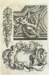 Ceiling and cartouche with triton, Varie soffiti, print, album page, ornamental print, At the