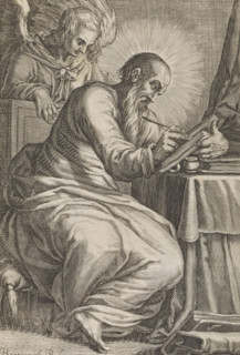 Evangelist Matthew, St. Matthew, print, album page, The evangelist Matthew is writing his Gospel.