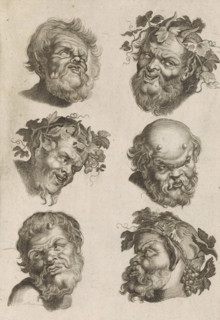 Six heads of satyrs, Satyrs, print, album page, Print is part of an album., printmaker: Coenraet