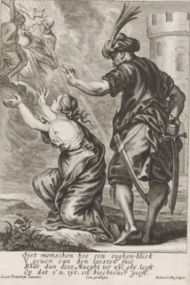 Woman turns to the Holy Trinity, print, album page, A woman, who is about to be slaughtered by an