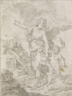 Angel takes child by the hand, print, album page, An angel takes a child by the arm and points him