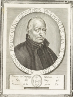 Portrait of the Italian priest Giovanni Paolo Oliva, print, book illustration, On the left page the