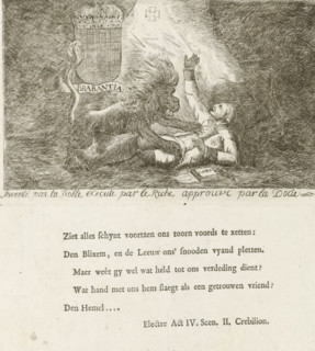 Brabant lion attacks Emperor Joseph II, Brabant Revolution, 1787-1790, cartoon, print, The Austrian