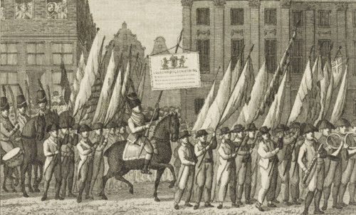 Transfer of the Victory Banners to Amsterdam City Hall, 1806, print, By order of King Louis