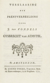 Explanatory text accompanying five scenes from the play Gijsbrecht van Aemstel and list of prints