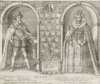 Portraits of James I and Anne, Series 4: French, German and English Events, 1576-1610, print, album