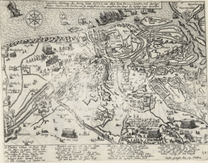 Actual depiction of the strong city of Sluys, with all its forts, redoubts, and excavated teychen,