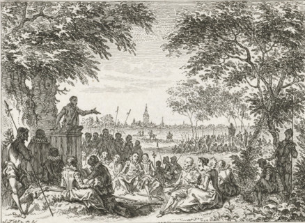 Public sermon in the field, 1566, print, historical print, 1566. Hedge sermon outside the city: a