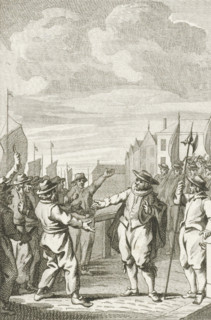 Mayor Joost Buyck calms the boatmen, 1567, print, historical print, Mayor Joost Buyck has soldiers