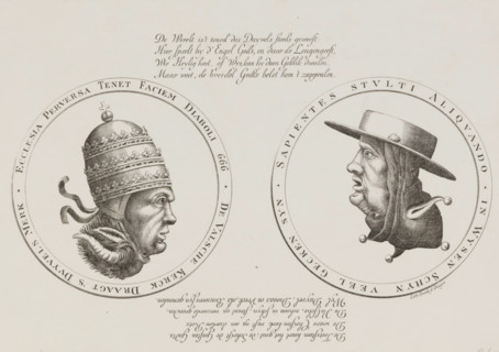 Double-headed caricature of the Pope with the Devil and the Cardinal with a Jester, 1685, cartoon,