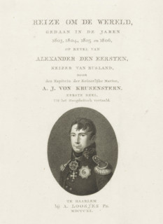 Portrait of Alexander I, Title page for: AJ von Krusenstern, Voyage around the world, 1811, print,