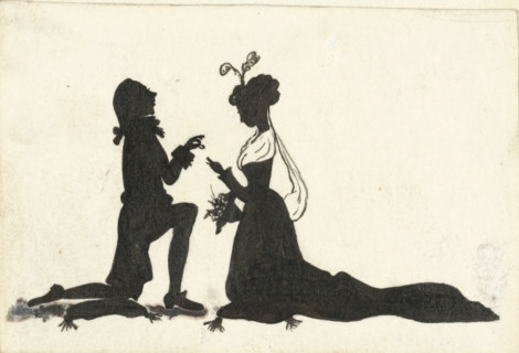 Design for In Holland staat een Huis: silhouettes of a man kneeling before a woman, drawing,