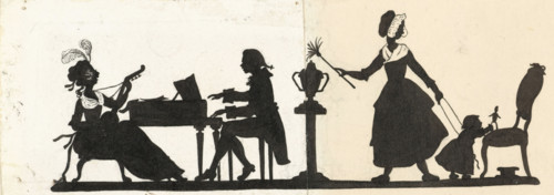 Design for In Holland staat een Huis: silhouettes of a musical couple and the maid looking after