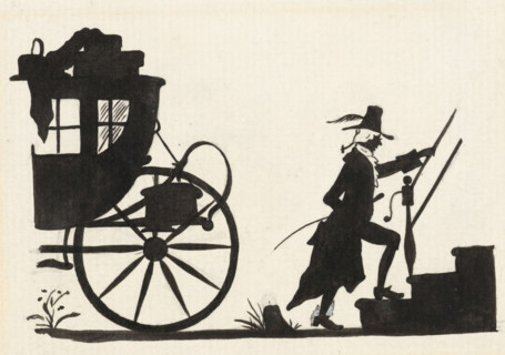 Design for In Holland staat een Huis: silhouette of a man entering a house from a carriage,