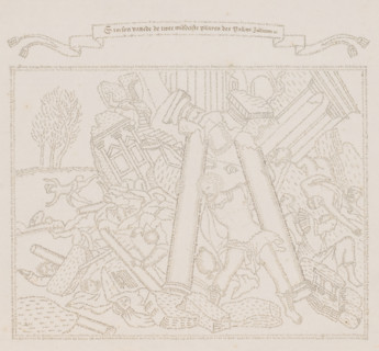 Samson destroys the temple of Dagon, drawing, calligraphy, Samson knocks over the two pillars of