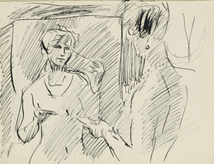 Woman standing in front of a mirror, sketchbook sheet, Sheet 4 verso and sheet 5 recto from
