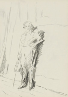 Standing figure in front of a wall or backdrop, sketchbook page, Possibly in a uniform. Sheet 13