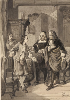 Four men in seventeenth-century clothing in an interior, drawing, design, inscription: 'JC Leich, A