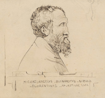 Portrait of Michelangelo at the age of 71, drawing, Portrait of Michelangelo with caption: