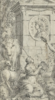 Shepherdesses admiring a medallion portrait of Virgil, drawing, design, Design for a print., recto,